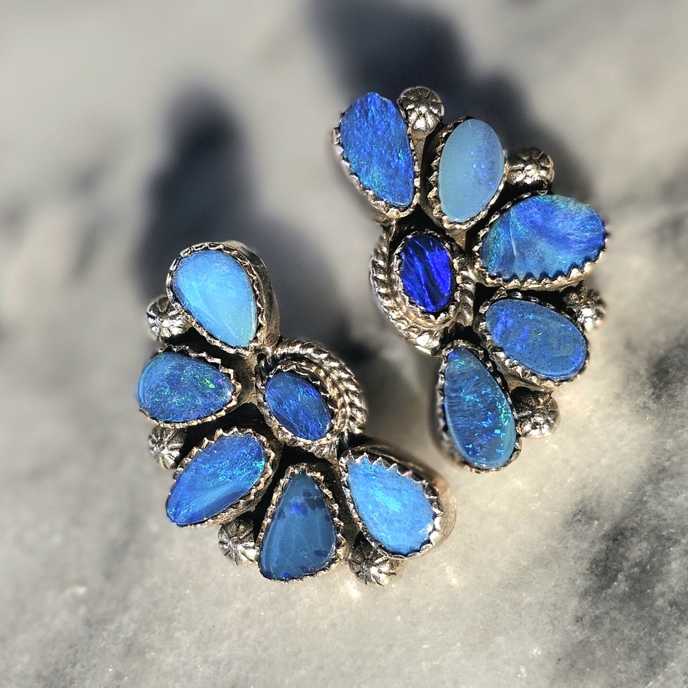 Elegant Blue Austrialian Opal And Sterling Silver Earrings